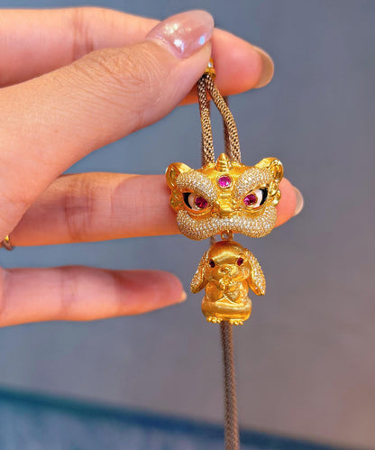 Vintage Gold Sterling Silver Overgild Lion Dance Pendant Necklace