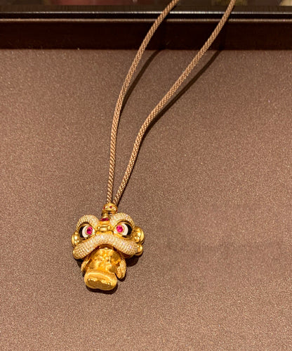 Vintage Gold Sterling Silver Overgild Lion Dance Pendant Necklace