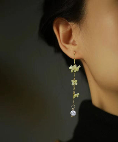 Pendientes colgantes con borlas de plata de ley dorada y esmaltada color perla vintage