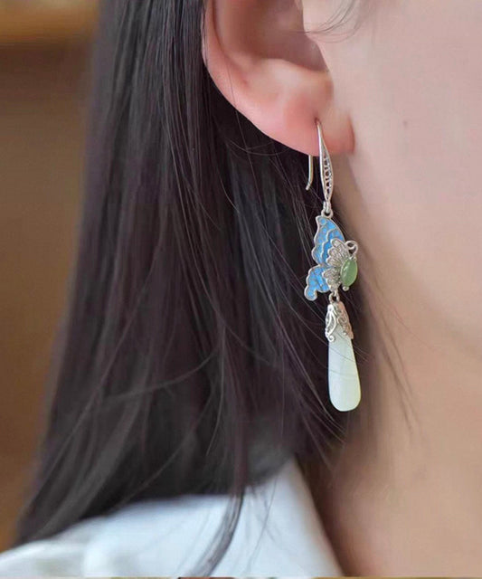 Pendientes vintage de mariposa de jade y circonitas doradas en plata de ley