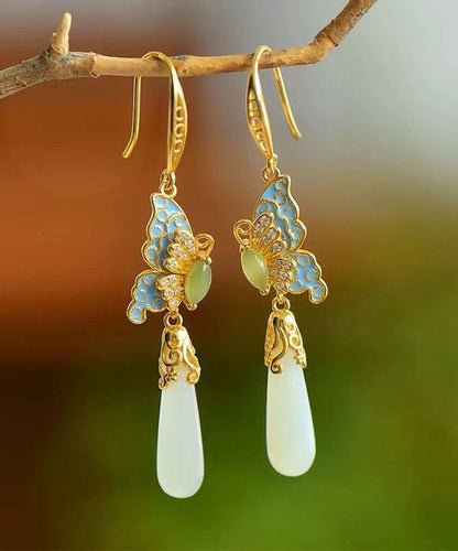 Pendientes vintage de mariposa de jade y circonitas doradas en plata de ley