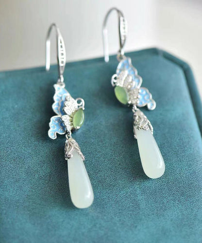 Pendientes vintage de mariposa de jade y circonitas doradas en plata de ley