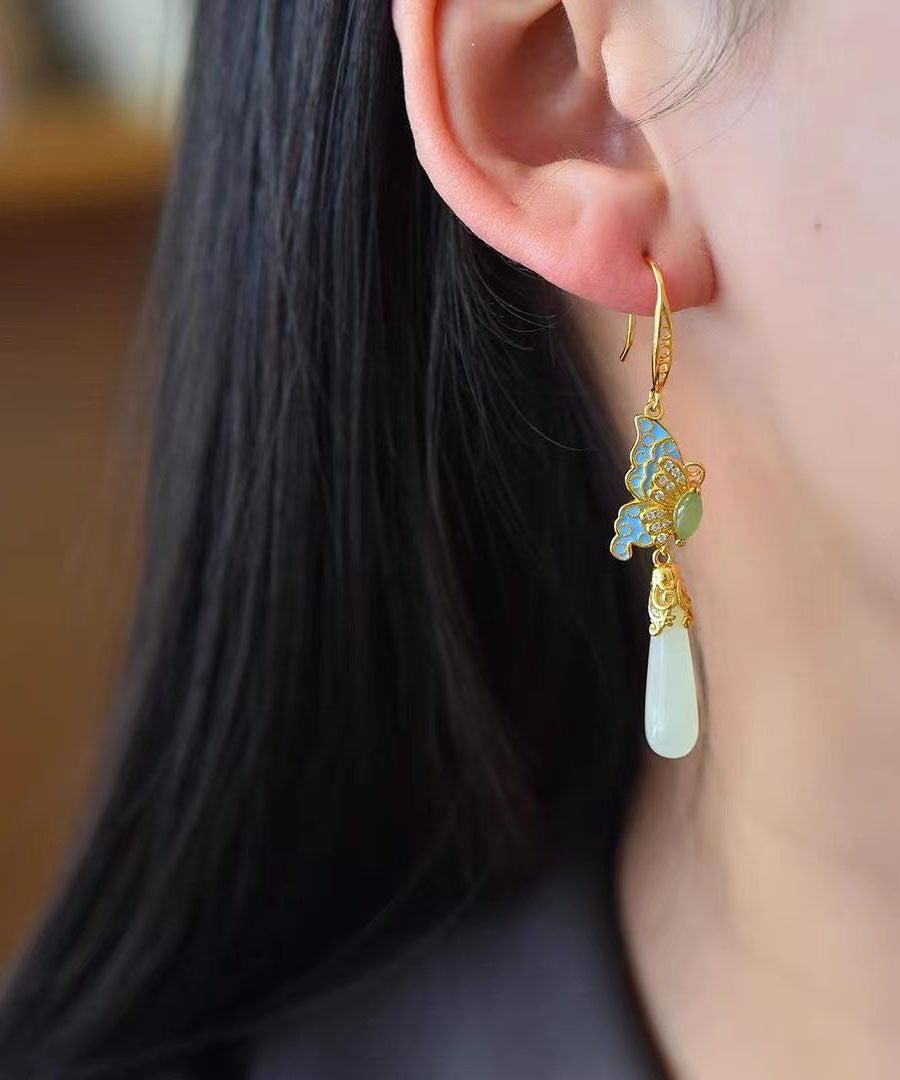 Pendientes vintage de mariposa de jade y circonitas doradas en plata de ley