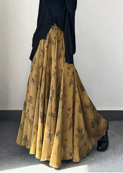 Vintage Seidenrock mit goldenem Bambusmuster und extra weitem Saum für den Frühling