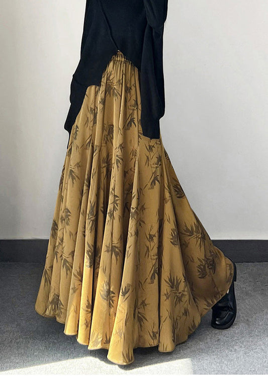 Vintage Seidenrock mit goldenem Bambusmuster und extra weitem Saum für den Frühling