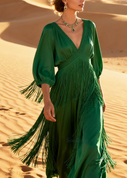 Vintage Grass Green Tasseled Cotton Long Dress Summer