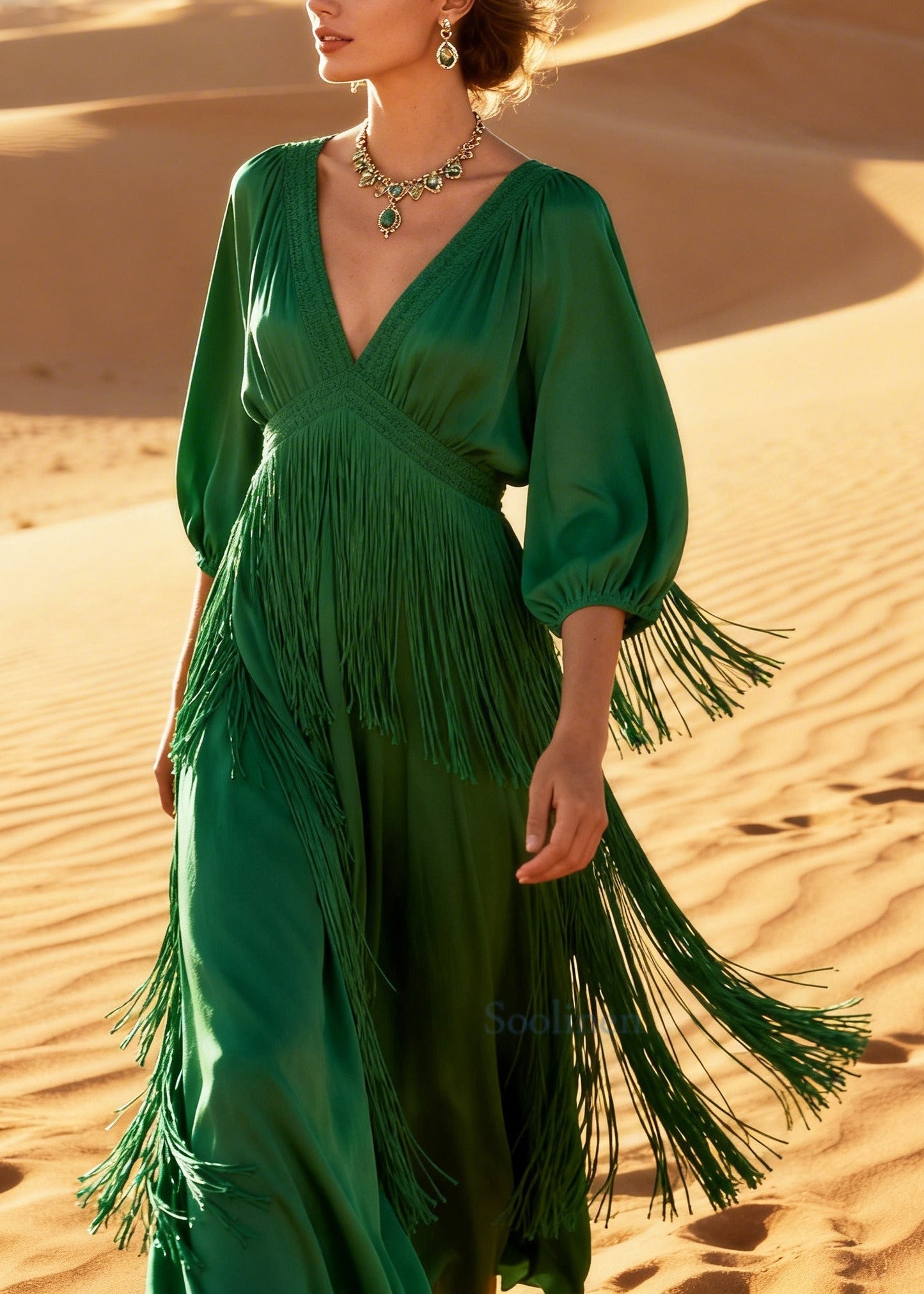Vintage Grass Green Tasseled Cotton Long Dress Summer