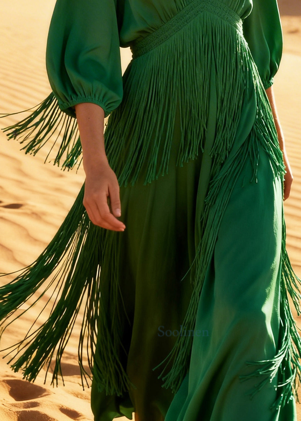 Vintage Grass Green Tasseled Cotton Long Dress Summer