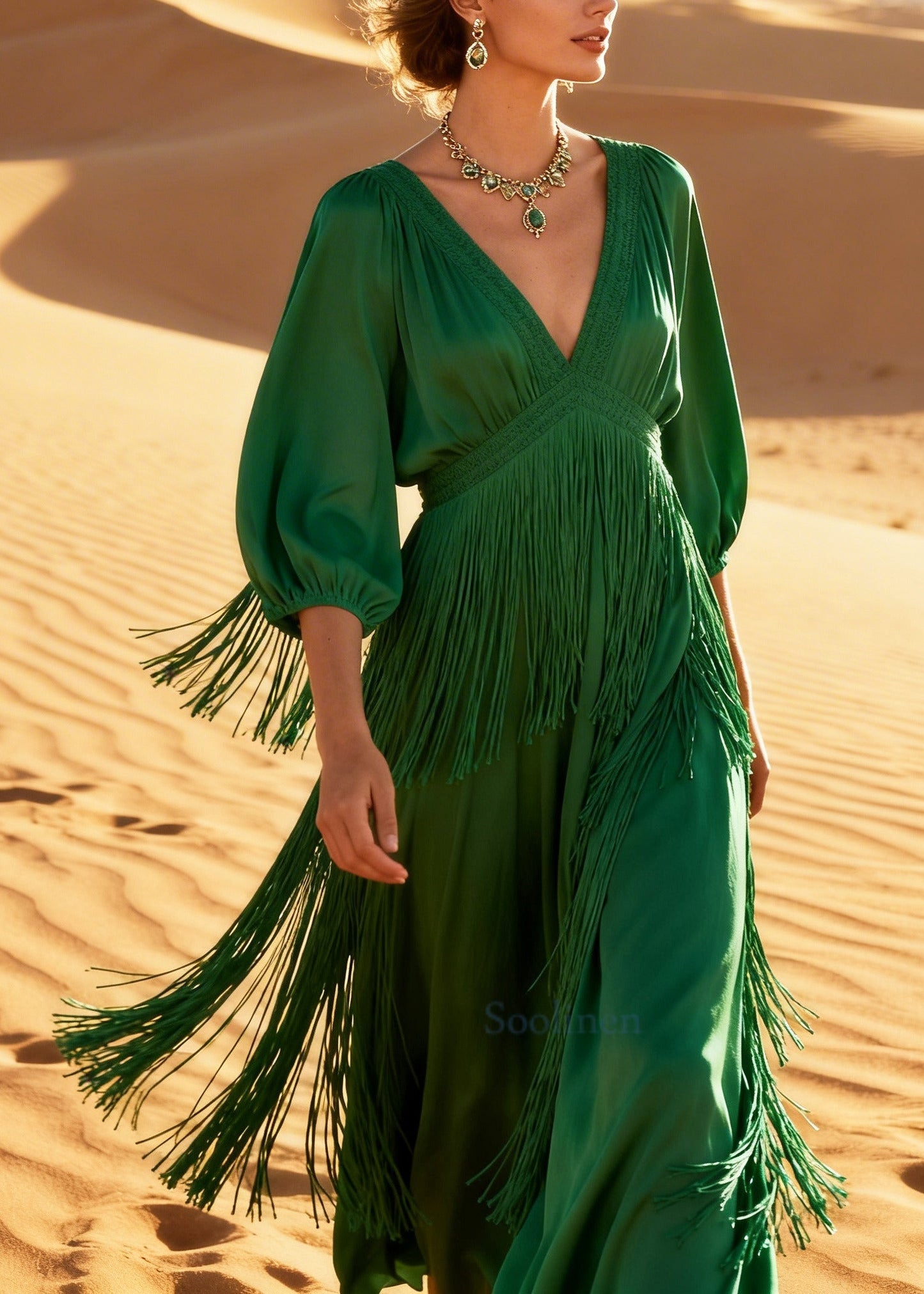 Vintage Grass Green Tasseled Cotton Long Dress Summer