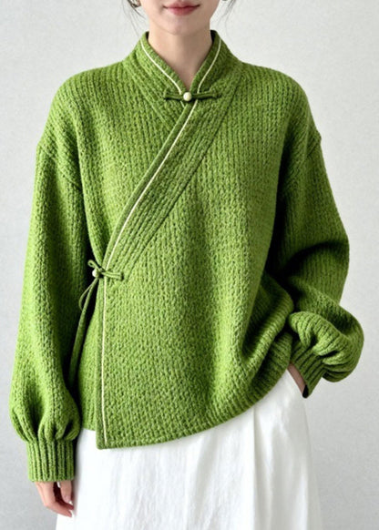 Suéter oriental de punto grueso verde hierba vintage para invierno