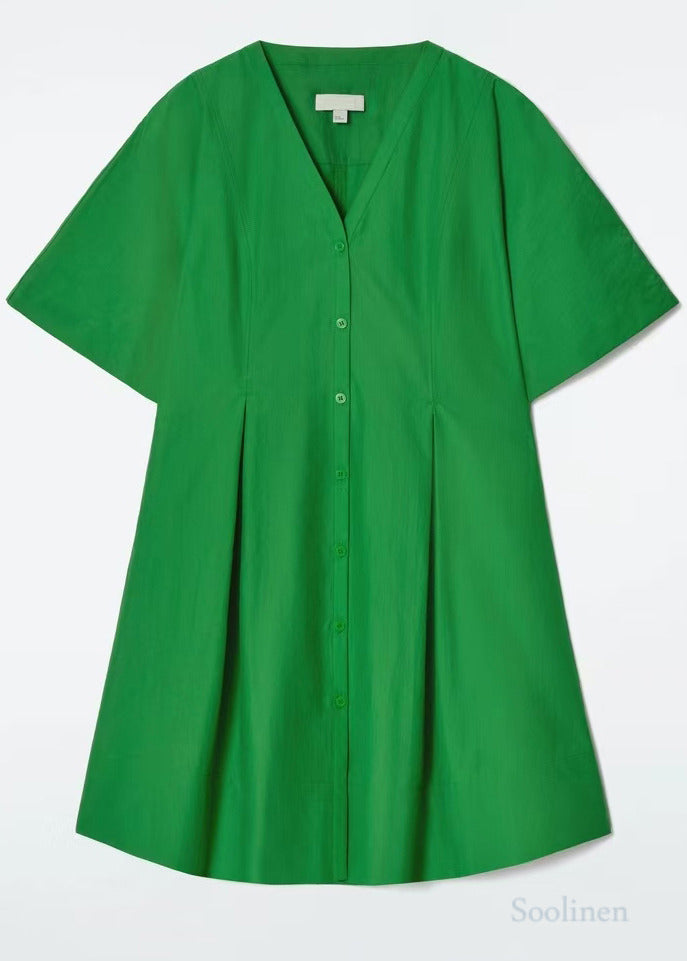 Vintage Grass Green V Neck Cotton Work Dress Summer