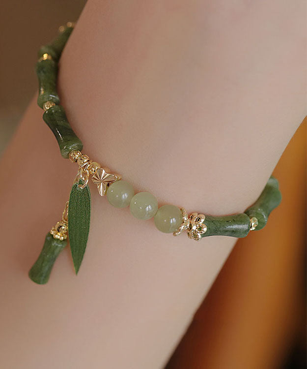 Vintage Grünes 14K Gold Jade Bambus Charm Armband