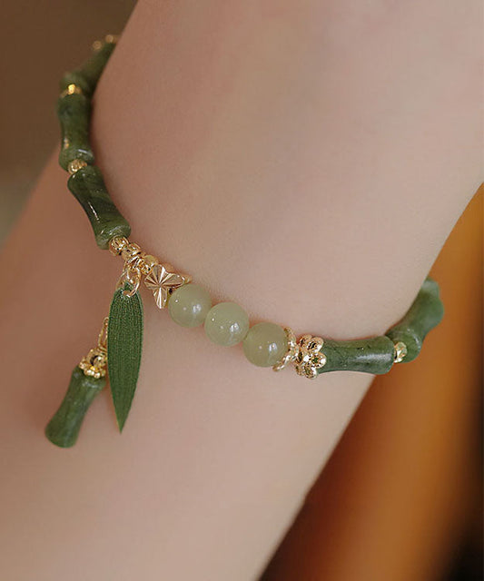 Vintage Grünes 14K Gold Jade Bambus Charm Armband
