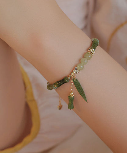 Vintage Grünes 14K Gold Jade Bambus Charm Armband