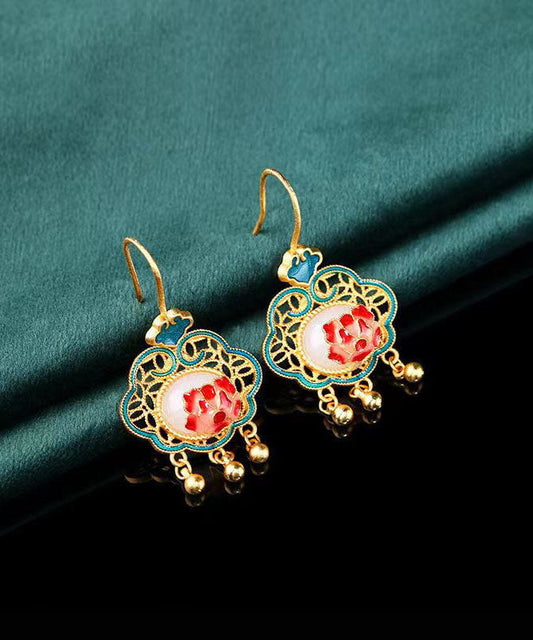 Pendientes vintage con borlas de jade esmaltado en oro antiguo y verde
