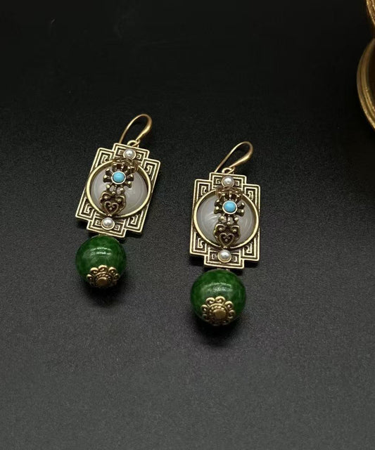 Pendientes colgantes vintage de perla con cierre de seguridad, turquesa, oro antiguo y verde
