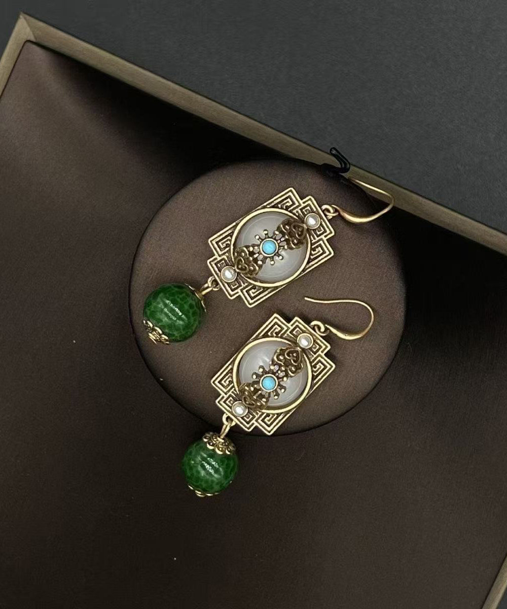 Vintage grüne Ohrhänger mit antikgoldenen, türkisfarbenen Sicherheitsverschlussperlen