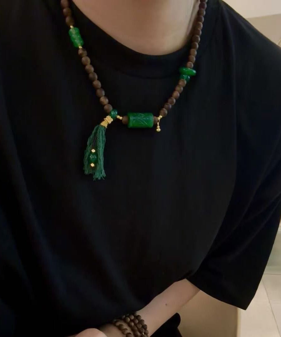 Vintage Green Beading Chalcedony Tassel Bead Necklace