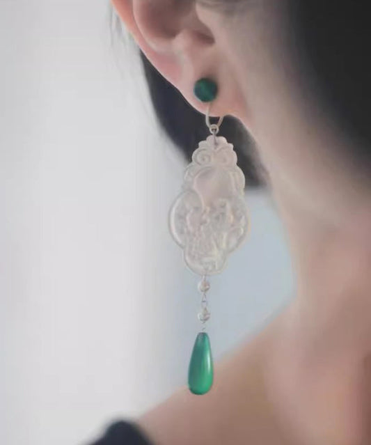 Vintage Green Copper Jade Flowers And Birds Water Droplet Drop Earrings