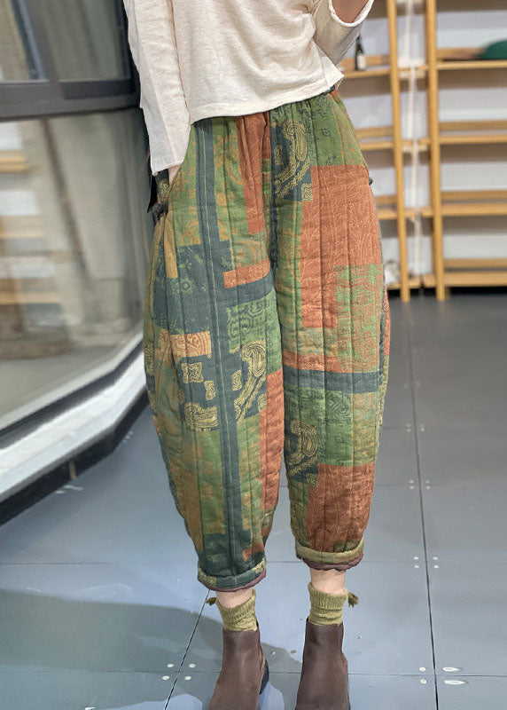 Vintage Grüne elastische Taillentaschen Print Feine Baumwolle gefüllte Crop Pants Winter