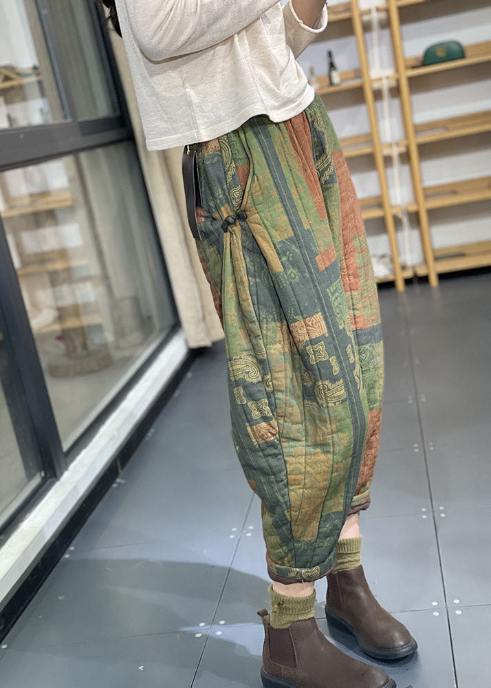 Vintage Grüne elastische Taillentaschen Print Feine Baumwolle gefüllte Crop Pants Winter