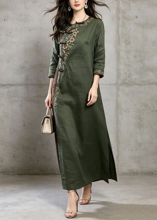 Vintage Green Embroidered Chinese Button Cotton Dress Summer