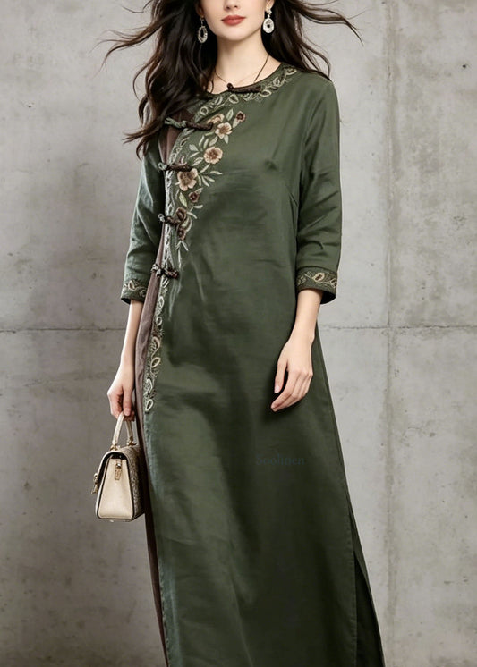 Vintage Green Embroidered Chinese Button Cotton Dress Summer