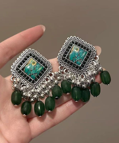 Vintage Green Geometric Tassel Silver Plated Drop Earrings