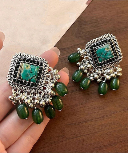 Vintage Green Geometric Tassel Silver Plated Drop Earrings