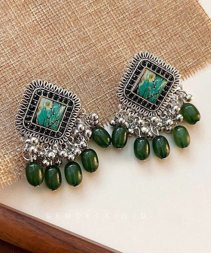 Vintage Green Geometric Tassel Silver Plated Drop Earrings