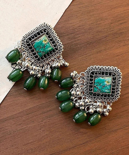 Vintage Green Geometric Tassel Silver Plated Drop Earrings