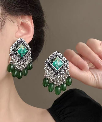 Vintage Green Geometric Tassel Silver Plated Drop Earrings