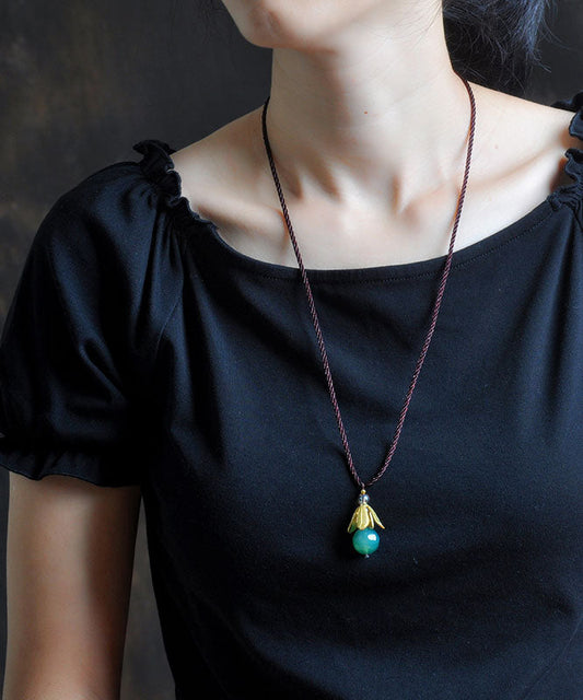 Vintage Grüne Handstrick-Achat-Goldblatt-Anhänger-Halskette