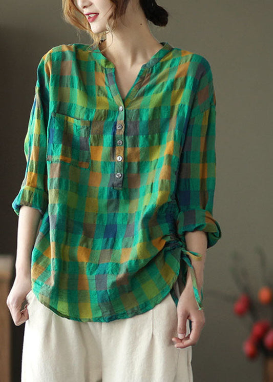 Vintage Green Loose Plaid drawstring Fall Long sleeve Shirt