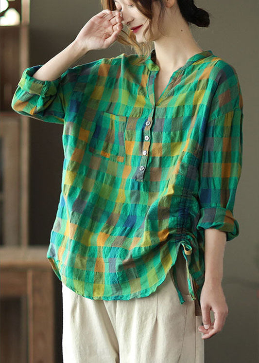 Vintage Green Loose Plaid drawstring Fall Long sleeve Shirt