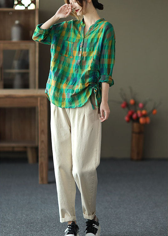 Vintage Grünes, lockeres, kariertes Langarmhemd mit Kordelzug für den Herbst