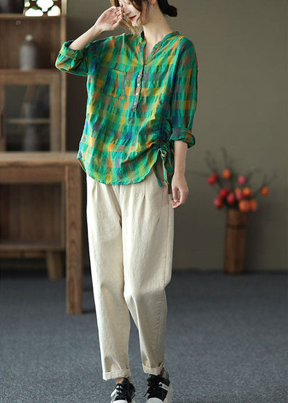 Vintage Grünes, lockeres, kariertes Langarmhemd mit Kordelzug für den Herbst