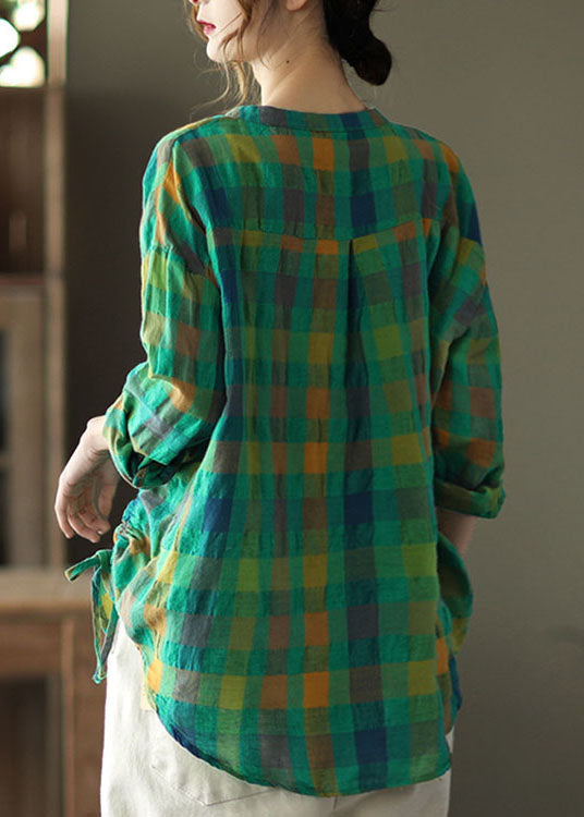 Vintage Grünes, lockeres, kariertes Langarmhemd mit Kordelzug für den Herbst