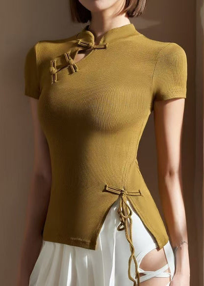 Vintage Green Mandarin Collar Side Open Summer Crop Top Workout