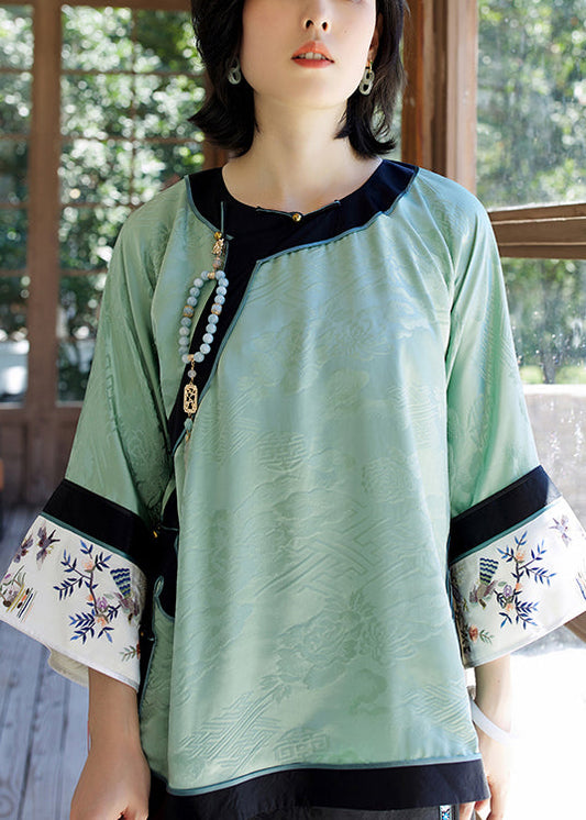 Vintage Green O-Neck Embroideried Patchwork Jacquard Silk Top Long Sleeve