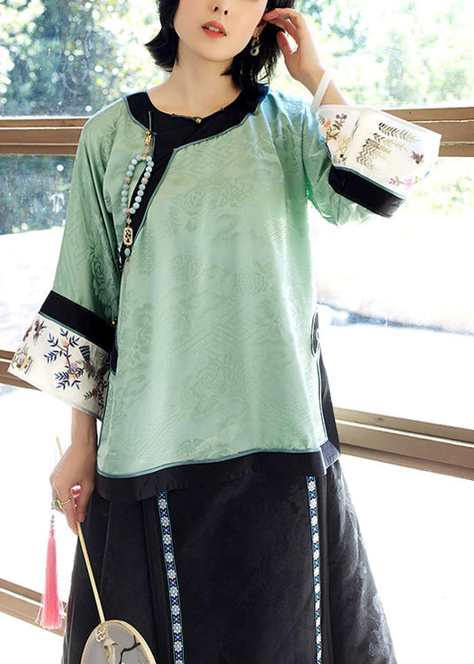 Vintage Green O-Neck Embroideried Patchwork Jacquard Silk Top Long Sleeve