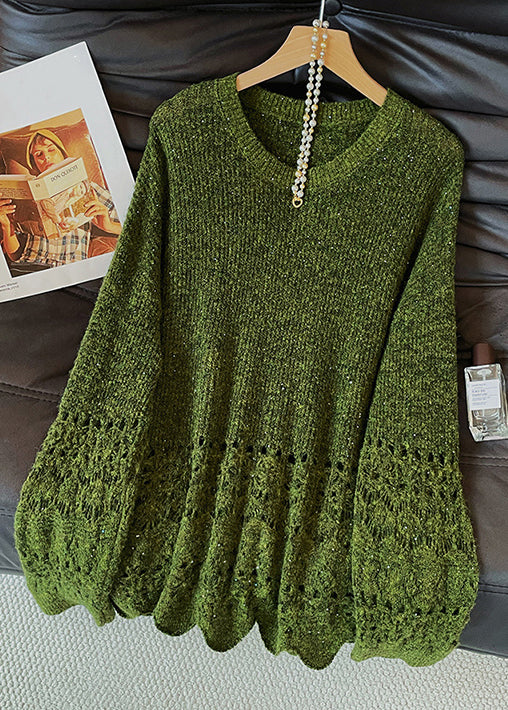 Vintage Green O Neck Hollow Out Knit Sweaters Fall