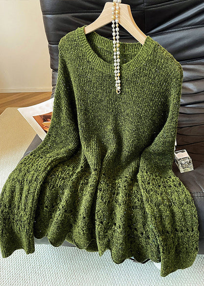 Vintage Green O Neck Hollow Out Knit Sweaters Fall