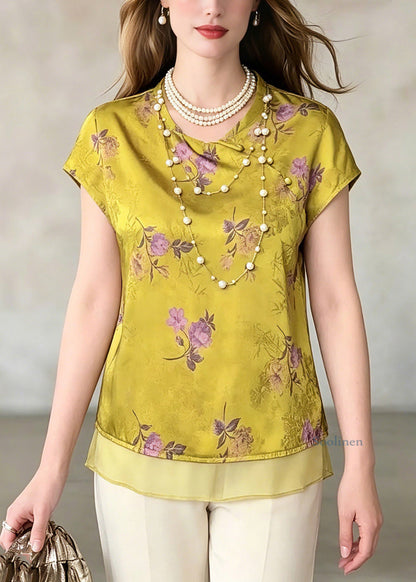 Vintage Green O-Neck Print Chiffo T Shirt Summer