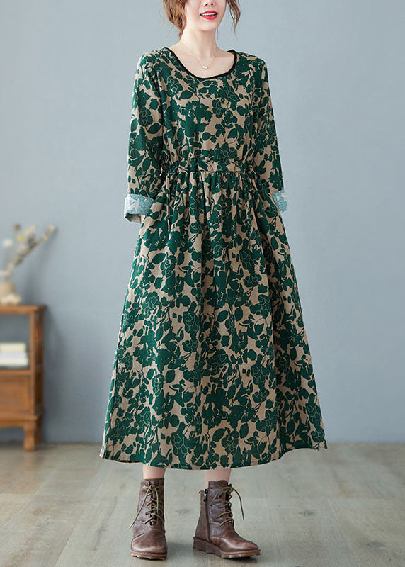 Vintage Grün O-Ausschnitt Print Leinenkleid Frühling