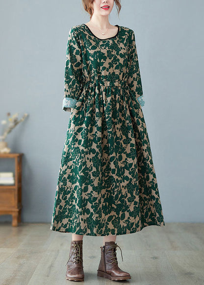Vintage Grün O-Ausschnitt Print Leinenkleid Frühling