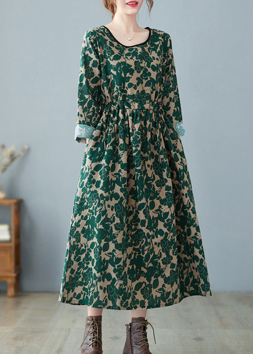 Vintage Grün O-Ausschnitt Print Leinenkleid Frühling
