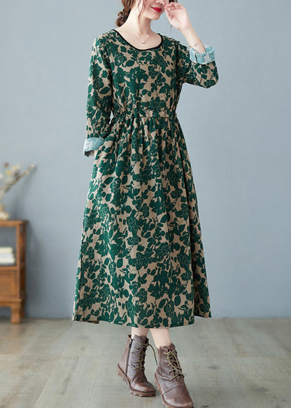 Vintage Grün O-Ausschnitt Print Leinenkleid Frühling