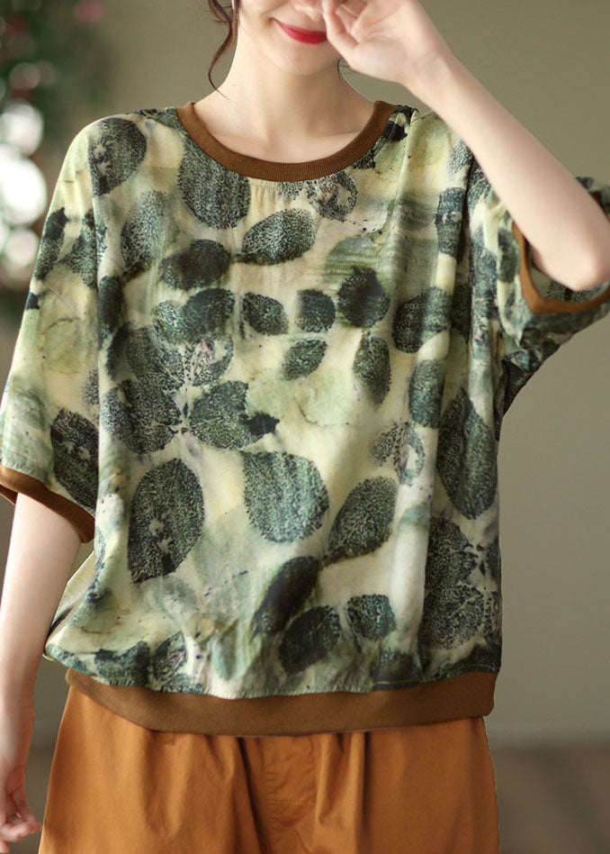 Camiseta de lino con cuello redondo y estampado de patchwork verde vintage para verano