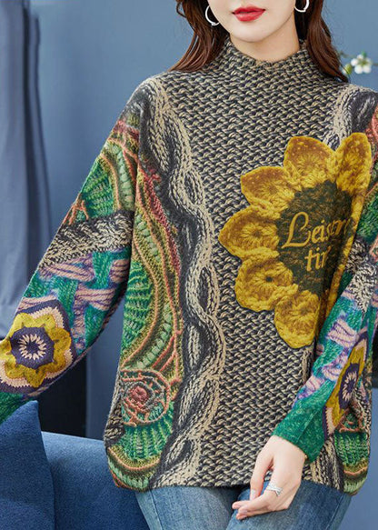 Vintage Grün Oversized Print Dickes Wollstrick Top Winter